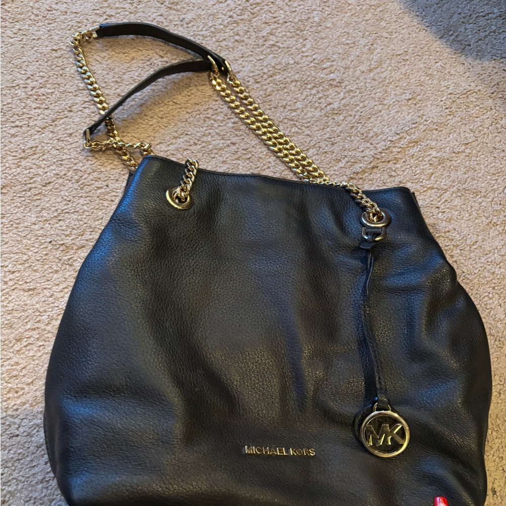 Michael Kors Black Leather Shoulder Bag with Gold Chain Detail